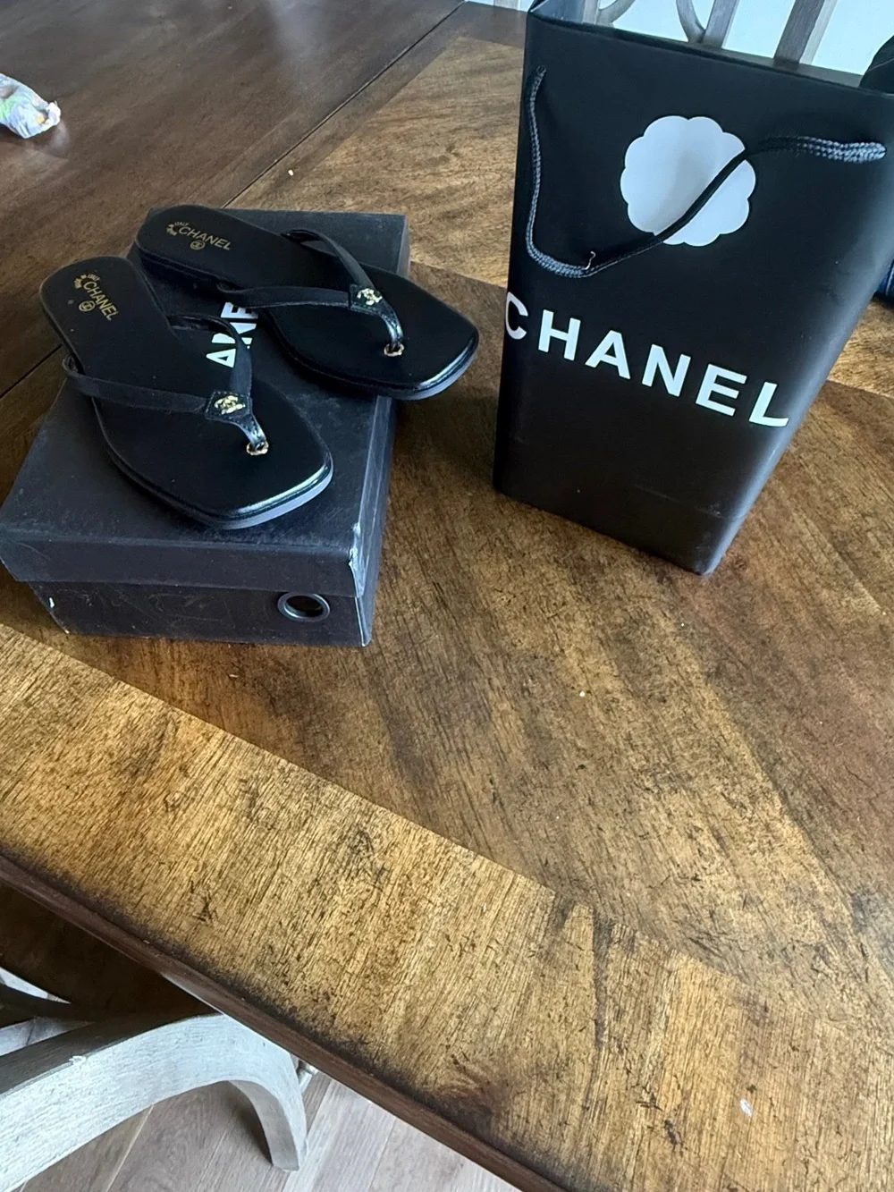 CHANEL Black Leather CC Thong Sandals